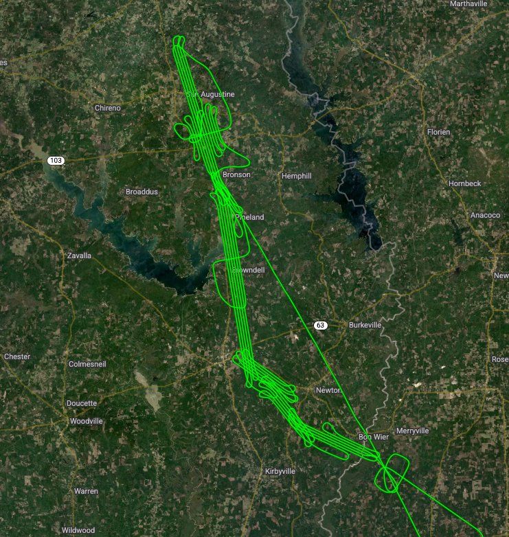Aerial survey flight track over East Texas energy corridor